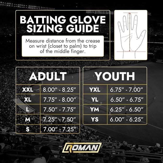 Batting Glove Size Chart: Youth and Adult Fit Guide | Roman Gloves